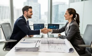 Deux professionnels se serrent la main au-dessus d’un bureau couvert de documents, de plans et d’ordinateurs portables dans un bureau lumineux.