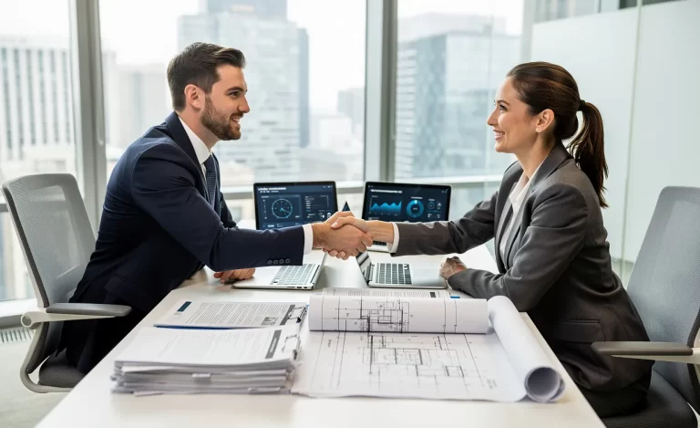 Deux professionnels se serrent la main au-dessus d’un bureau couvert de documents, de plans et d’ordinateurs portables dans un bureau lumineux.