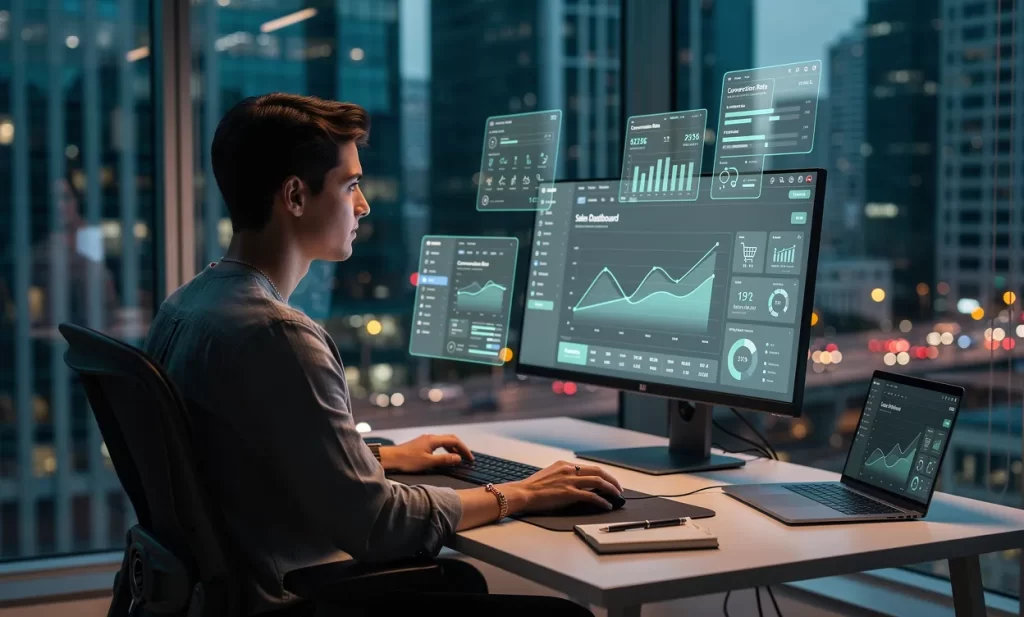 Un jeune professionnel concentré travaille à un poste moderne, entouré d’interfaces numériques et de graphiques d’e-commerce, avec une ville en arrière-plan à travers de grandes fenêtres.