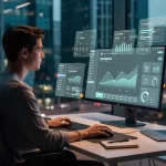 Un jeune professionnel concentré travaille à un poste moderne, entouré d’interfaces numériques et de graphiques d’e-commerce, avec une ville en arrière-plan à travers de grandes fenêtres.