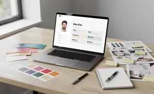 Un espace de travail de designer avec des nuanciers, des moodboards et un profil persona affiché sur un ordinateur portable, sous une lumière douce.