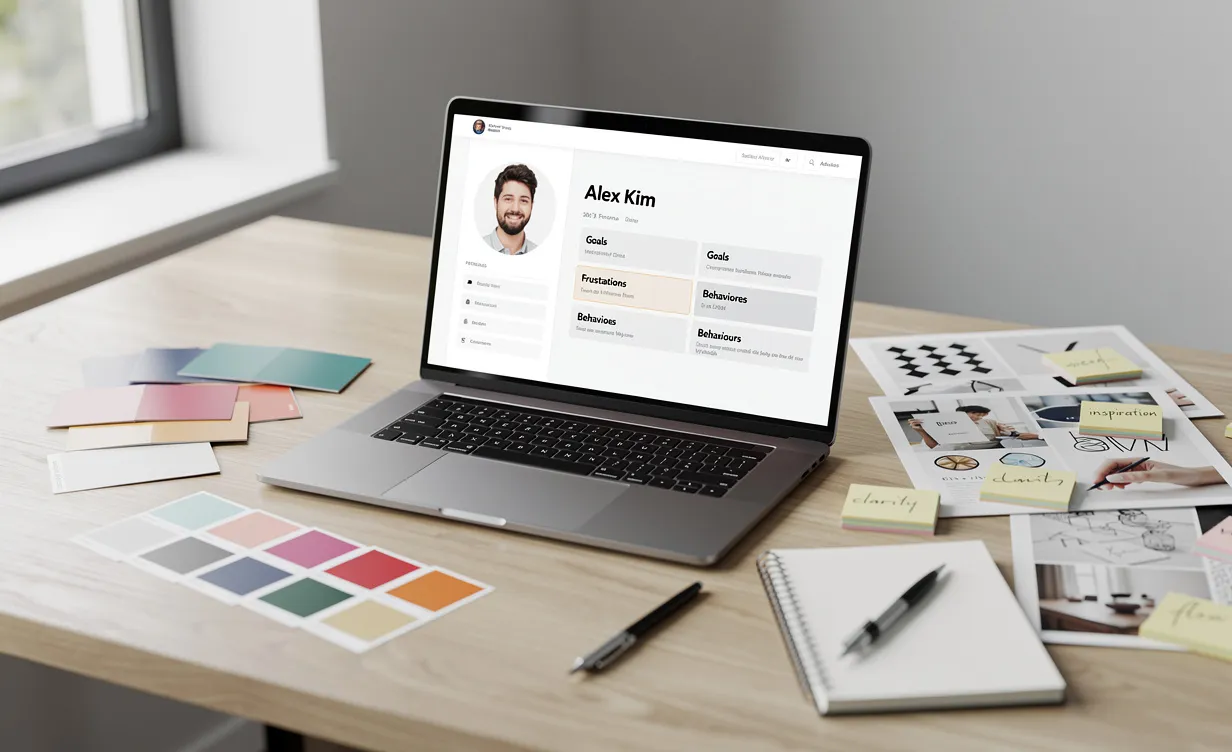 Un espace de travail de designer avec des nuanciers, des moodboards et un profil persona affiché sur un ordinateur portable, sous une lumière douce.