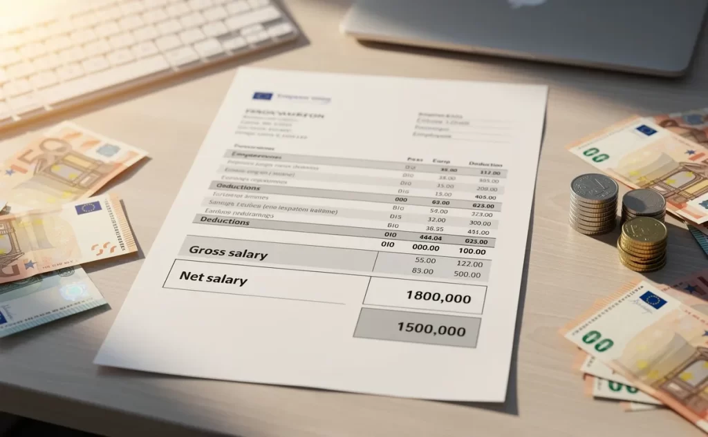Un bulletin de salaire posé sur un bureau moderne, entouré de billets et pièces en euros, avec les montants du salaire brut et net clairement séparés.