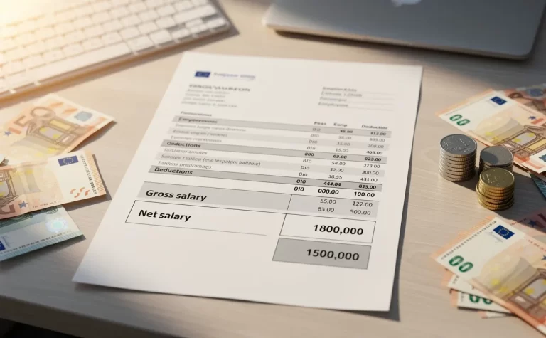 Un bulletin de salaire posé sur un bureau moderne, entouré de billets et pièces en euros, avec les montants du salaire brut et net clairement séparés.