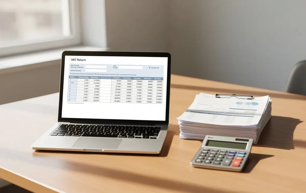 Un bureau ordonné avec un ordinateur portable affichant un formulaire de TVA, des papiers d’affaires soigneusement empilés et une calculatrice sous une lumière naturelle.