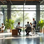 Un bureau moderne en espace ouvert avec des plantes vertes, des bureaux spacieux et quelques employés collaborant dans une lumière naturelle douce.