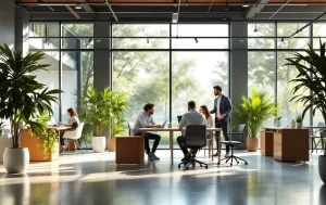 Un bureau moderne en espace ouvert avec des plantes vertes, des bureaux spacieux et quelques employés collaborant dans une lumière naturelle douce.