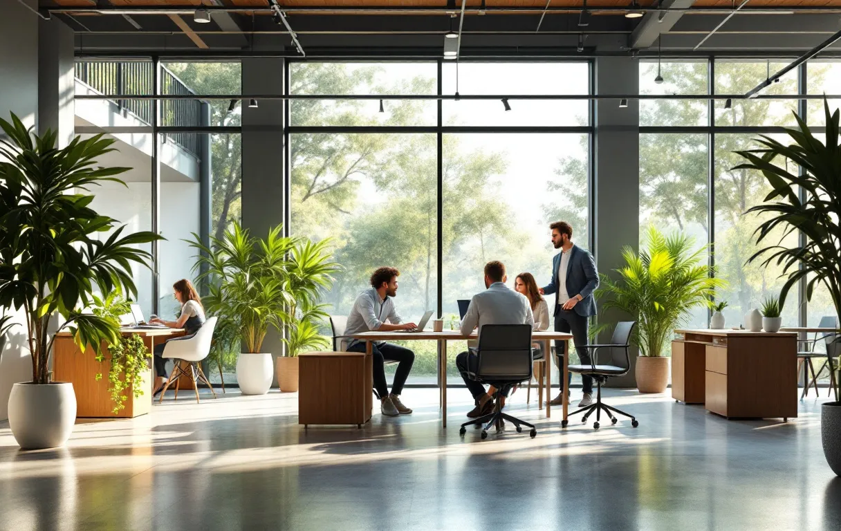 Un bureau moderne en espace ouvert avec des plantes vertes, des bureaux spacieux et quelques employés collaborant dans une lumière naturelle douce.
