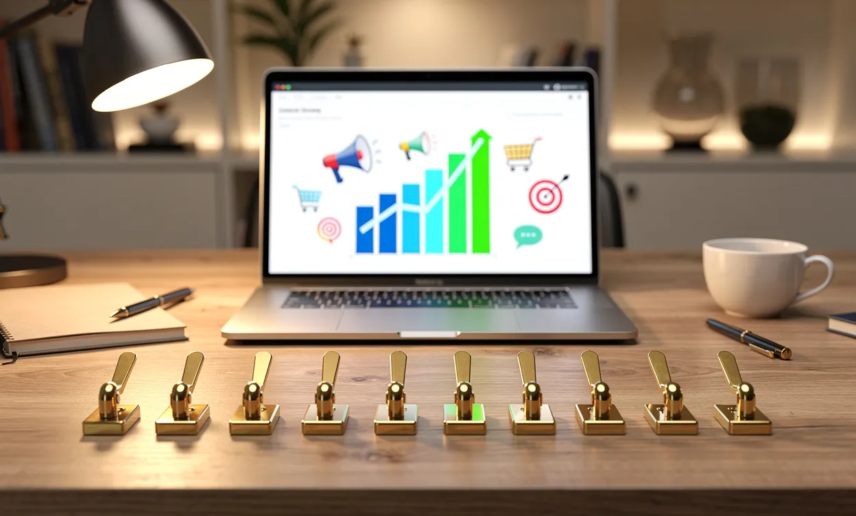 Un bureau moderne avec un ordinateur portable affichant un graphique croissant et des icônes colorées, entouré de huit leviers dorés disposés soigneusement.