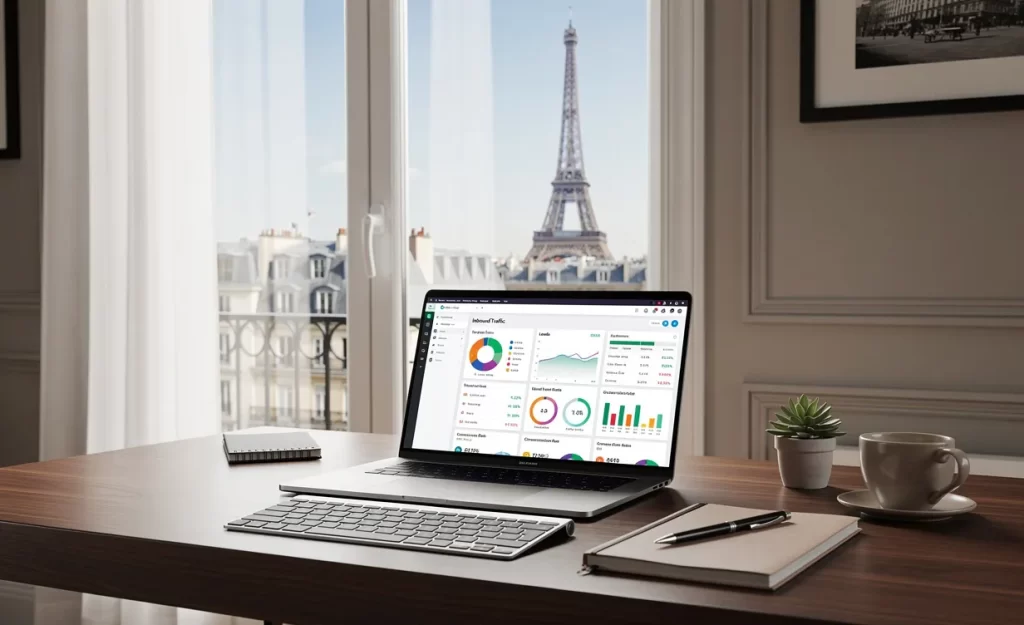 Un bureau parisien moderne avec un ordinateur portable affichant des analyses marketing, près d’une fenêtre donnant sur la tour Eiffel en pleine lumière du jour.