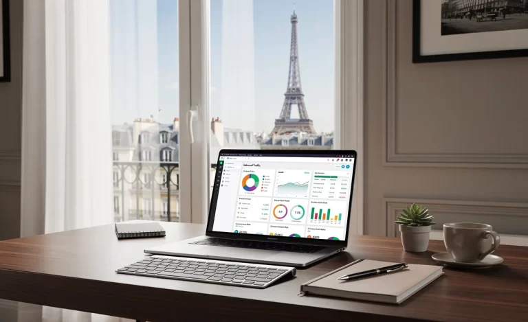 Un bureau parisien moderne avec un ordinateur portable affichant des analyses marketing, près d’une fenêtre donnant sur la tour Eiffel en pleine lumière du jour.