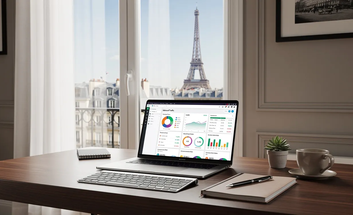 Un bureau parisien moderne avec un ordinateur portable affichant des analyses marketing, près d’une fenêtre donnant sur la tour Eiffel en pleine lumière du jour.