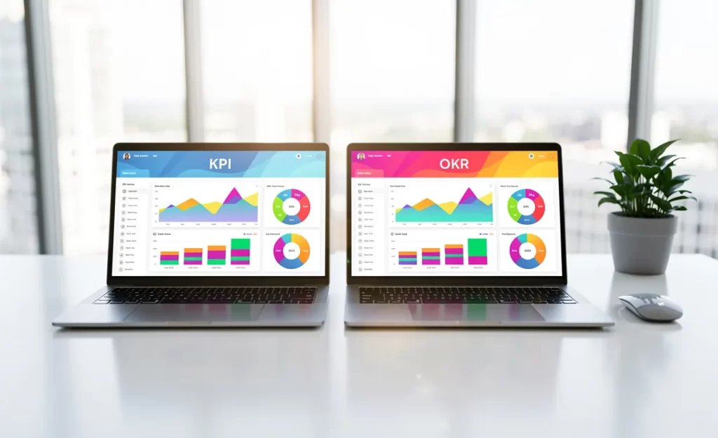 Un bureau moderne avec deux ordinateurs portables affichant des tableaux de bord colorés marqués KPI et OKR devant de grandes fenêtres baignées de lumière naturelle.