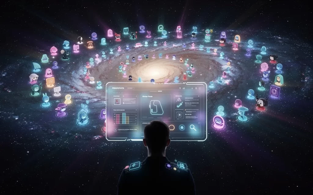 Un individu observe une interface numérique devant une galaxie colorée peuplée d’avatars lumineux représentant diverses intelligences artificielles.