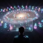 Un individu observe une interface numérique devant une galaxie colorée peuplée d’avatars lumineux représentant diverses intelligences artificielles.