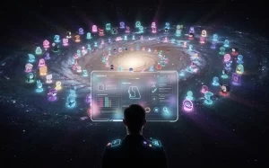 Un individu observe une interface numérique devant une galaxie colorée peuplée d’avatars lumineux représentant diverses intelligences artificielles.