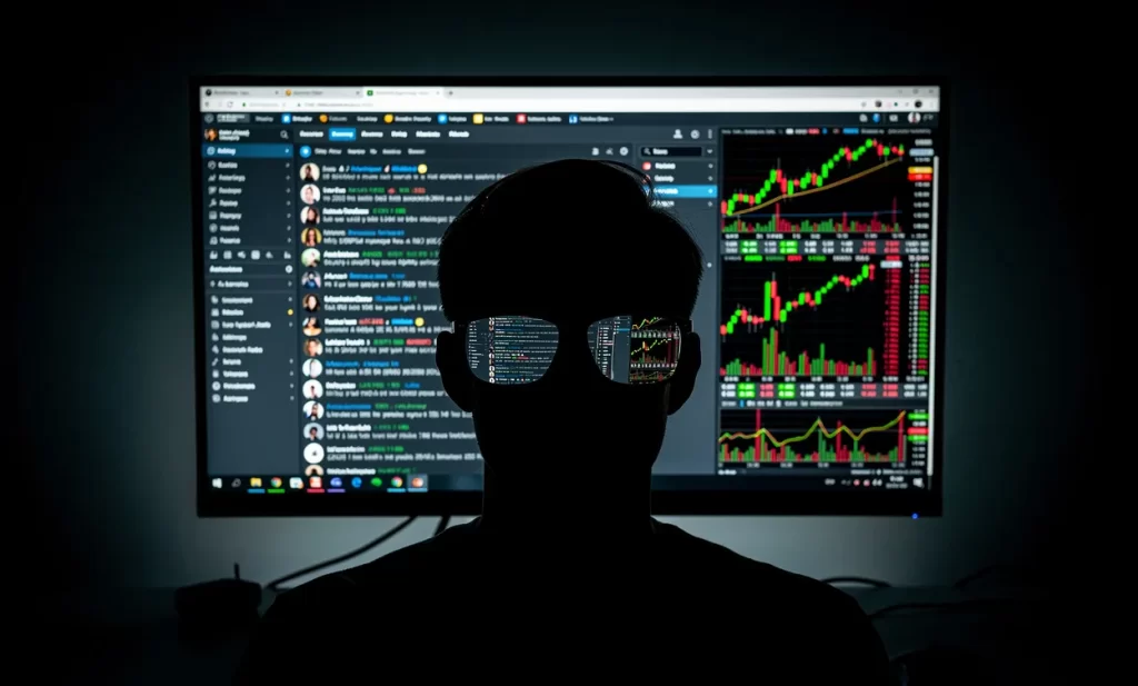 Une personne en silhouette observe un forum boursier animé sur un écran d’ordinateur dans une pièce sombre, avec des graphiques lumineux reflétés sur ses lunettes.