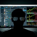 Une personne en silhouette observe un forum boursier animé sur un écran d’ordinateur dans une pièce sombre, avec des graphiques lumineux reflétés sur ses lunettes.