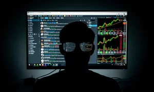 Une personne en silhouette observe un forum boursier animé sur un écran d’ordinateur dans une pièce sombre, avec des graphiques lumineux reflétés sur ses lunettes.