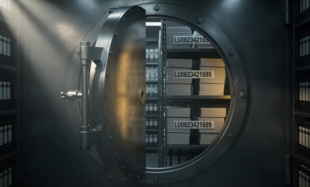 Porte de coffre entrouverte laissant apparaître des liasses de documents financiers marqués LU0823421689, sous un éclairage tamisé aux reflets dorés.