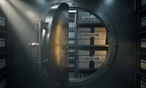Porte de coffre entrouverte laissant apparaître des liasses de documents financiers marqués LU0823421689, sous un éclairage tamisé aux reflets dorés.