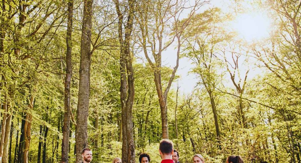 Equipe reunie dans une foret ensoleillee lors d'un seminaire sportif en plein air