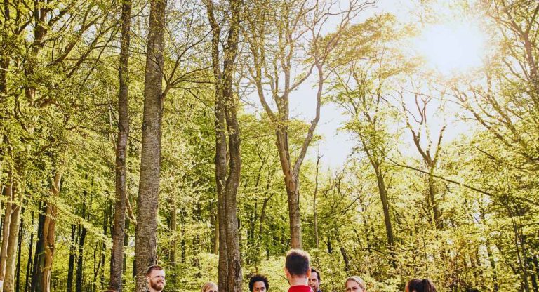 Equipe reunie dans une foret ensoleillee lors d'un seminaire sportif en plein air