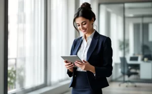 Une jeune femme en tenue professionnelle regarde des graphiques financiers sur une tablette dans un bureau parisien lumineux.